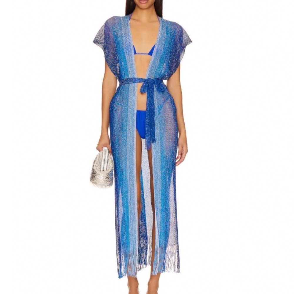 Luli Fama Atlantis Queen Fringe Long Caftan Sapphire Blue Ombre Mesh One Size